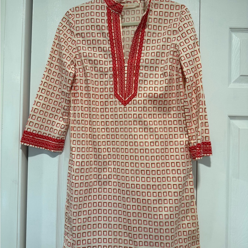 Tory Burch Red and White Patterned Long Sleeve Dress